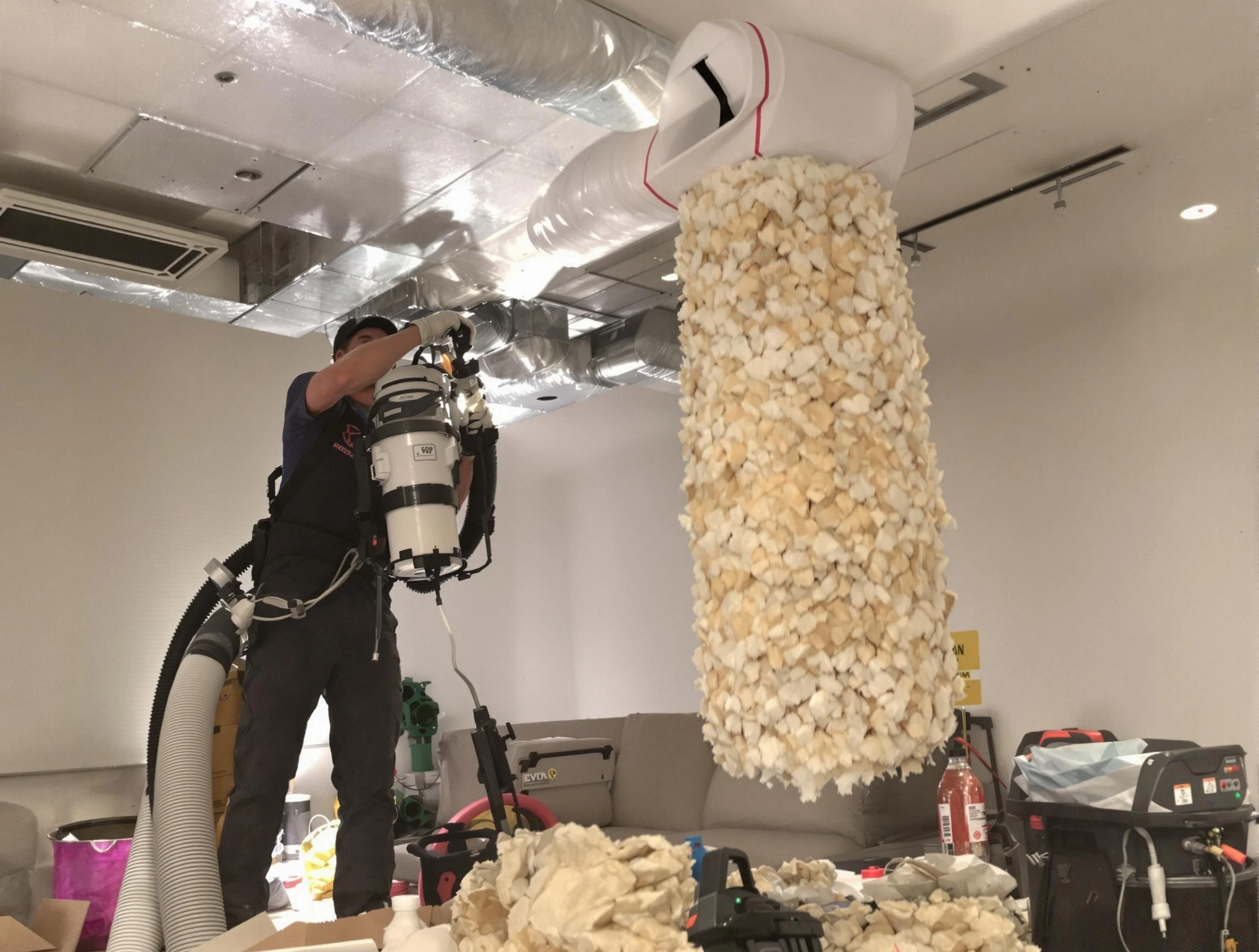 Pleasant Grove Air Duct Cleaning technician performing precision vacuum insulation removal in a residential property in Pleasant Grove